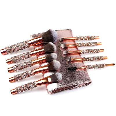 Make Your Own Label Rose Golden Glitter Makeup Brushes 10pcs Shiny Crystal Diamond Foundation Brush Set with PU bag